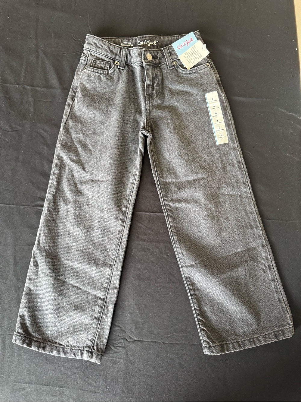 Cat & Jack Girls Size 6 Wide Leg Mid Rise Jeans Washed Charcoal Grey NWT